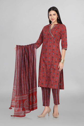 Red Colour Printed Angrakha Kurti Paired With Pant and Dupatta