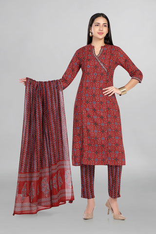 Red Colour Printed Angrakha Kurti Paired With Pant and Dupatta