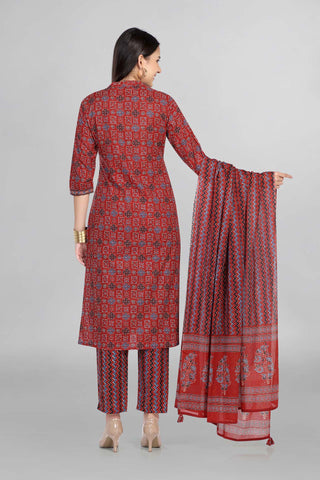 Red Colour Printed Angrakha Kurti Paired With Pant and Dupatta