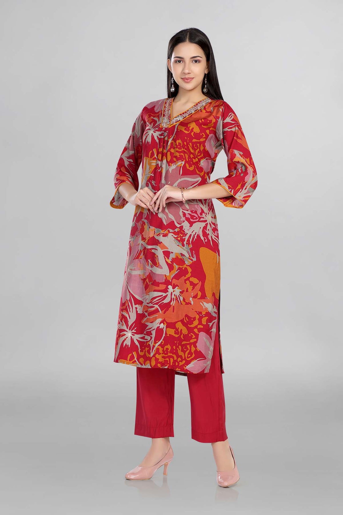 Red Colour Floral Printed Beautiful V Neckline Kurti Paired With Pant