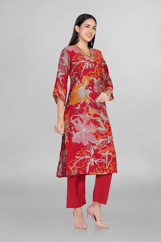 Red Colour Floral Printed Beautiful V Neckline Kurti Paired With Pant