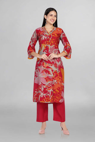 Red Colour Floral Printed Beautiful V Neckline Kurti Paired With Pant