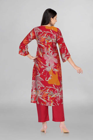 Red Colour Floral Printed Beautiful V Neckline Kurti Paired With Pant