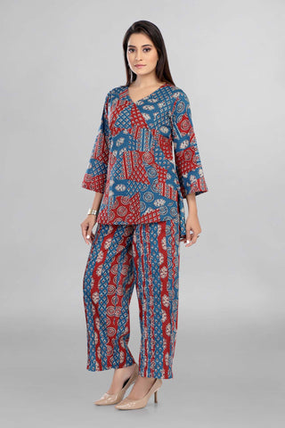 Imperial Blue Colour Printed Top And Plazo , Co-Ord Set