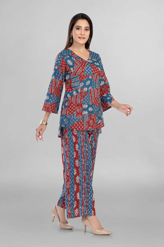 Imperial Blue Colour Printed Top And Plazo , Co-Ord Set