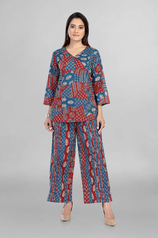 Imperial Blue Colour Printed Top And Plazo , Co-Ord Set