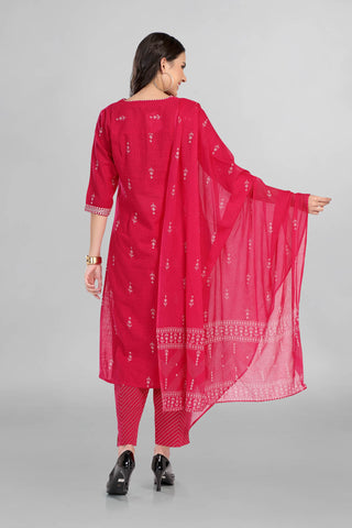 Dark Pink Casual Wear Kurti Paired With Pant And Dupatta