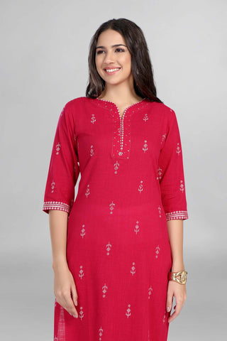 Dark Pink Casual Wear Kurti Paired With Pant And Dupatta