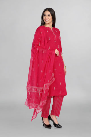 Dark Pink Casual Wear Kurti Paired With Pant And Dupatta