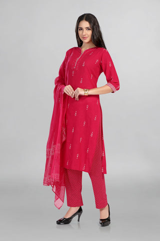 Dark Pink Casual Wear Kurti Paired With Pant And Dupatta