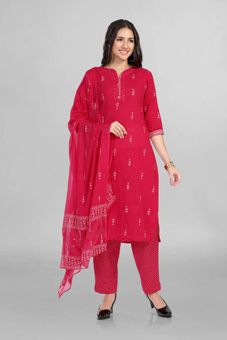 Dark Pink Casual Wear Kurti Paired With Pant And Dupatta