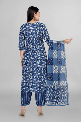 Blue Colour Floral Kurti Paired With Afghani Pant And Dupatta