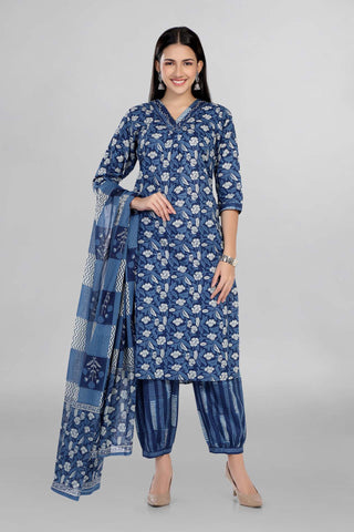 Blue Colour Floral Kurti Paired With Afghani Pant And Dupatta