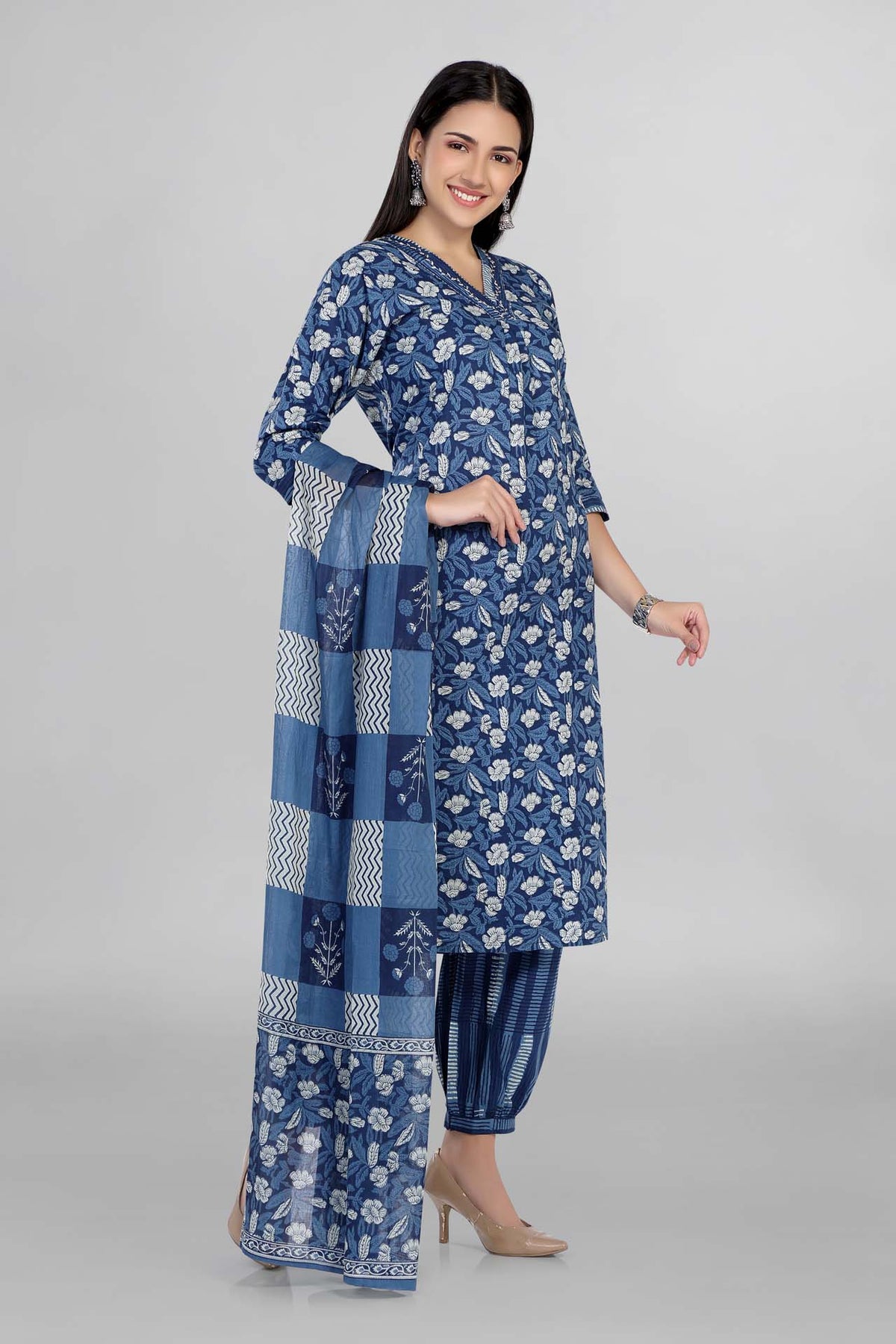 Blue Colour Floral Kurti Paired With Afghani Pant And Dupatta