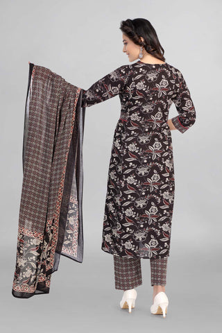 Black Cotton Kurti Paired With Pant and Printed Dupatta