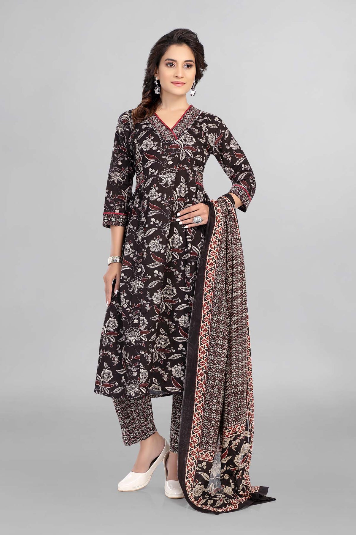 Black Cotton Kurti Paired With Pant and Printed Dupatta