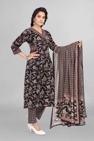 Black Cotton Kurti Paired With Pant and Printed Dupatta