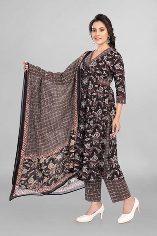 Black Cotton Kurti Paired With Pant and Printed Dupatta