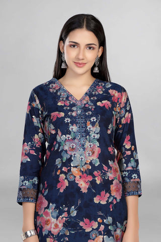 Navy Blue Colour Beautiful Floral Print Kurti Paired With Pant and Dupatta