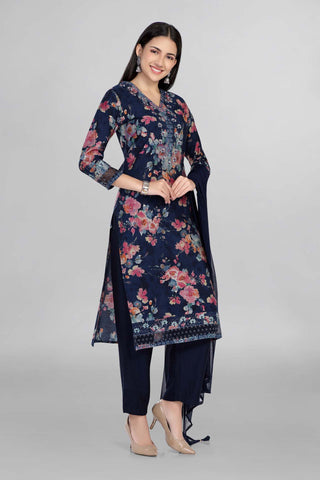 Navy Blue Colour Beautiful Floral Print Kurti Paired With Pant and Dupatta