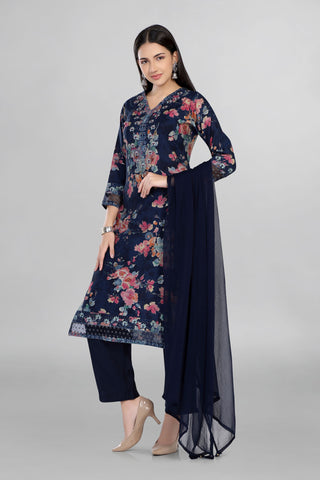 Navy Blue Colour Beautiful Floral Print Kurti Paired With Pant and Dupatta