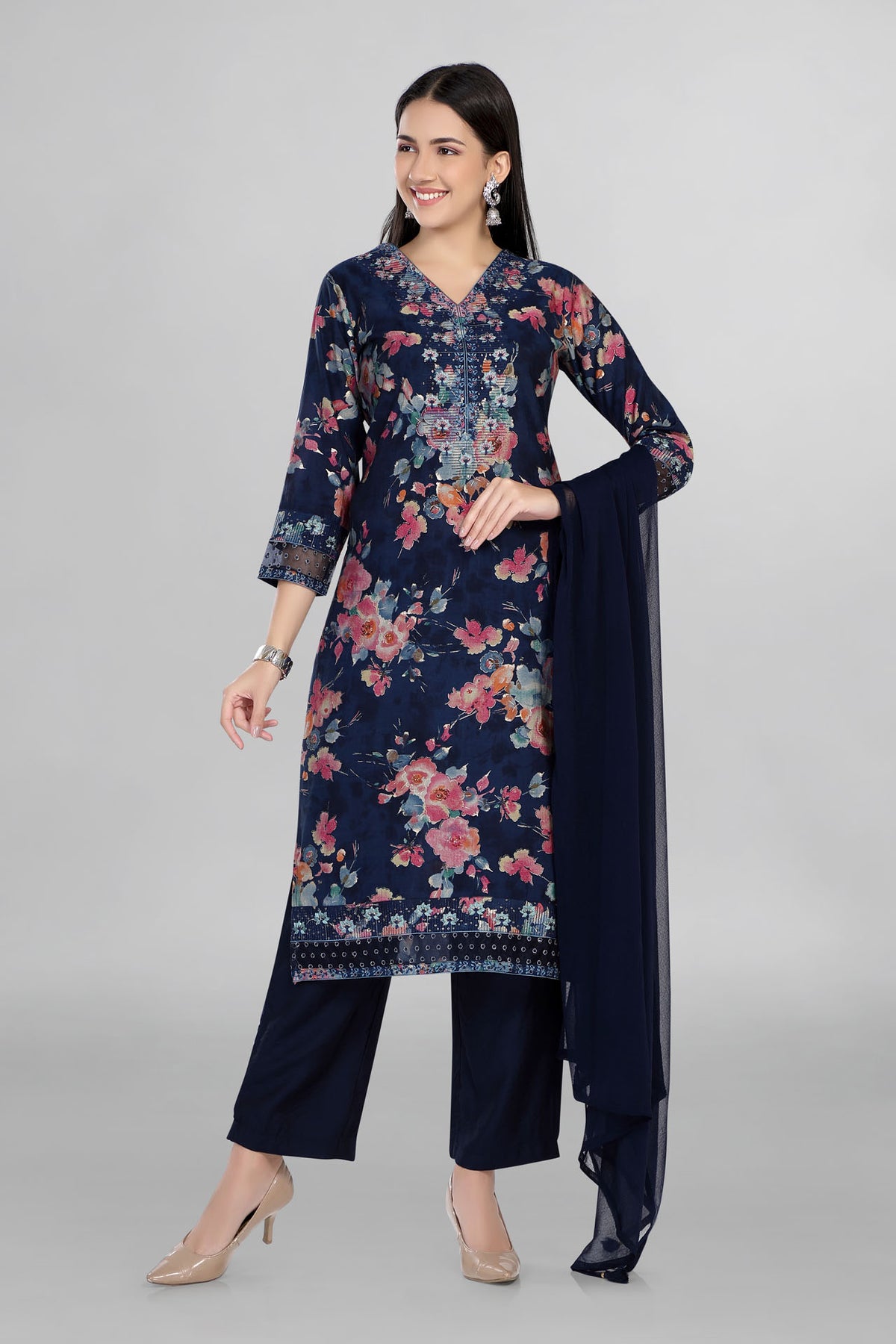 Navy Blue Colour Beautiful Floral Print Kurti Paired With Pant and Dupatta