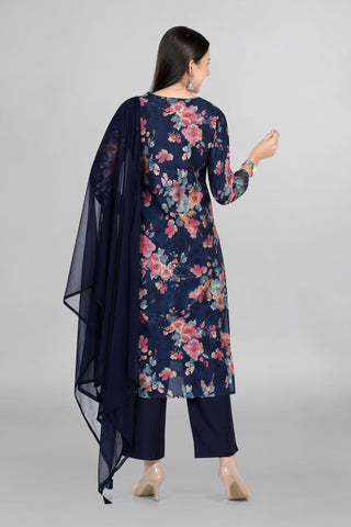 Navy Blue Colour Beautiful Floral Print Kurti Paired With Pant and Dupatta