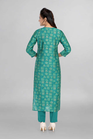 Green Colour Printed Cotton Kurti With Pant