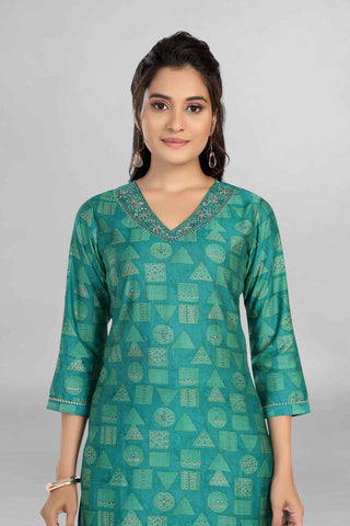 Green Colour Printed Cotton Kurti With Pant