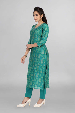 Green Colour Printed Cotton Kurti With Pant