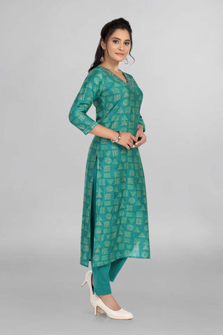 Green Colour Printed Cotton Kurti With Pant