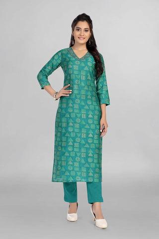 Green Colour Printed Cotton Kurti With Pant