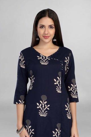 Blue Colour White Floral Printed Angrakha Kurti