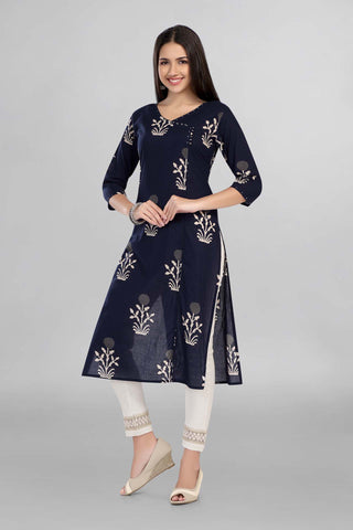 Blue Colour White Floral Printed Angrakha Kurti