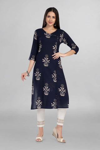 Blue Colour White Floral Printed Angrakha Kurti