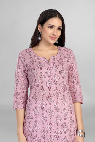 Pink Colour Casual Wear Cotton Printed Kurti