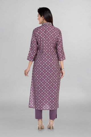 Lavender Colour Bandhani Printed Kurti V Neck Line Paired With Pant