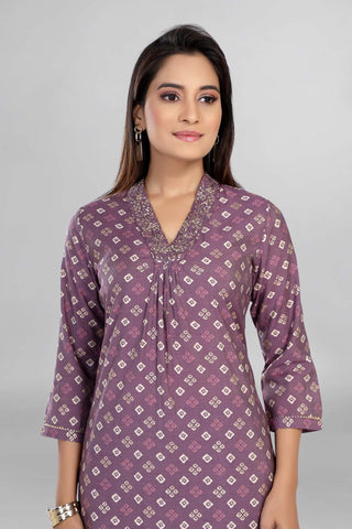 Lavender Colour Bandhani Printed Kurti V Neck Line Paired With Pant