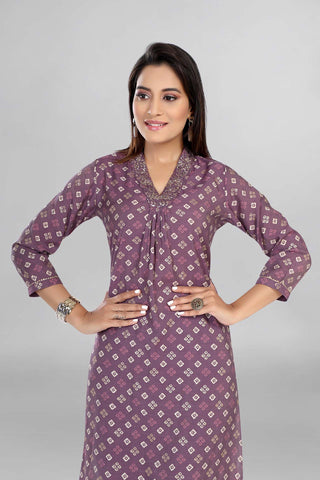 Lavender Colour Bandhani Printed Kurti V Neck Line Paired With Pant