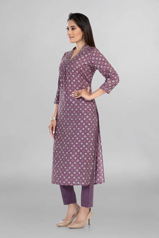 Lavender Colour Bandhani Printed Kurti V Neck Line Paired With Pant