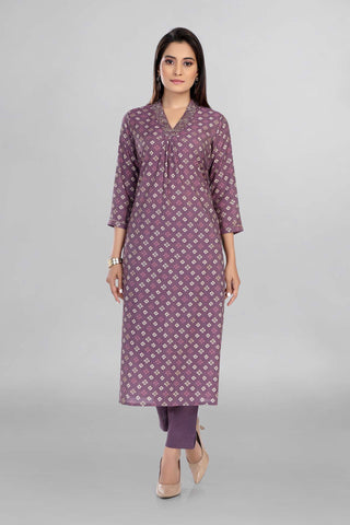 Lavender Colour Bandhani Printed Kurti V Neck Line Paired With Pant