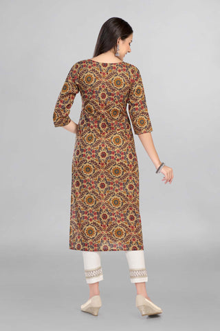 Mustard Colour Floral Printed Casual Wear Kurti With Beautiful V Neck Line