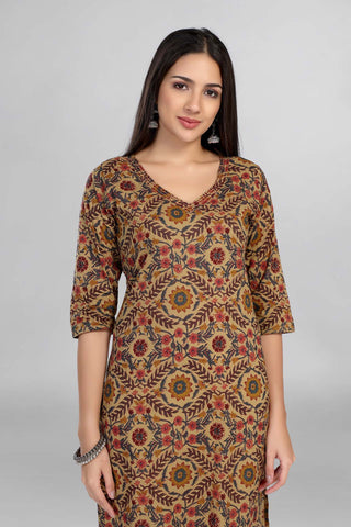 Mustard Colour Floral Printed Casual Wear Kurti With Beautiful V Neck Line