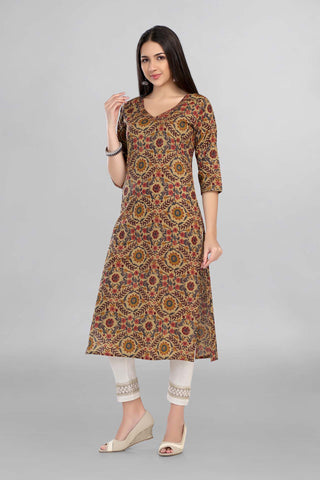 Mustard Colour Floral Printed Casual Wear Kurti With Beautiful V Neck Line