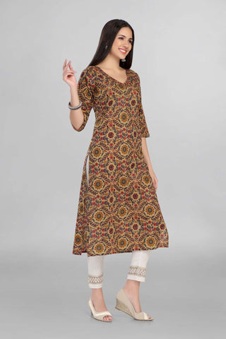 Mustard Colour Floral Printed Casual Wear Kurti With Beautiful V Neck Line