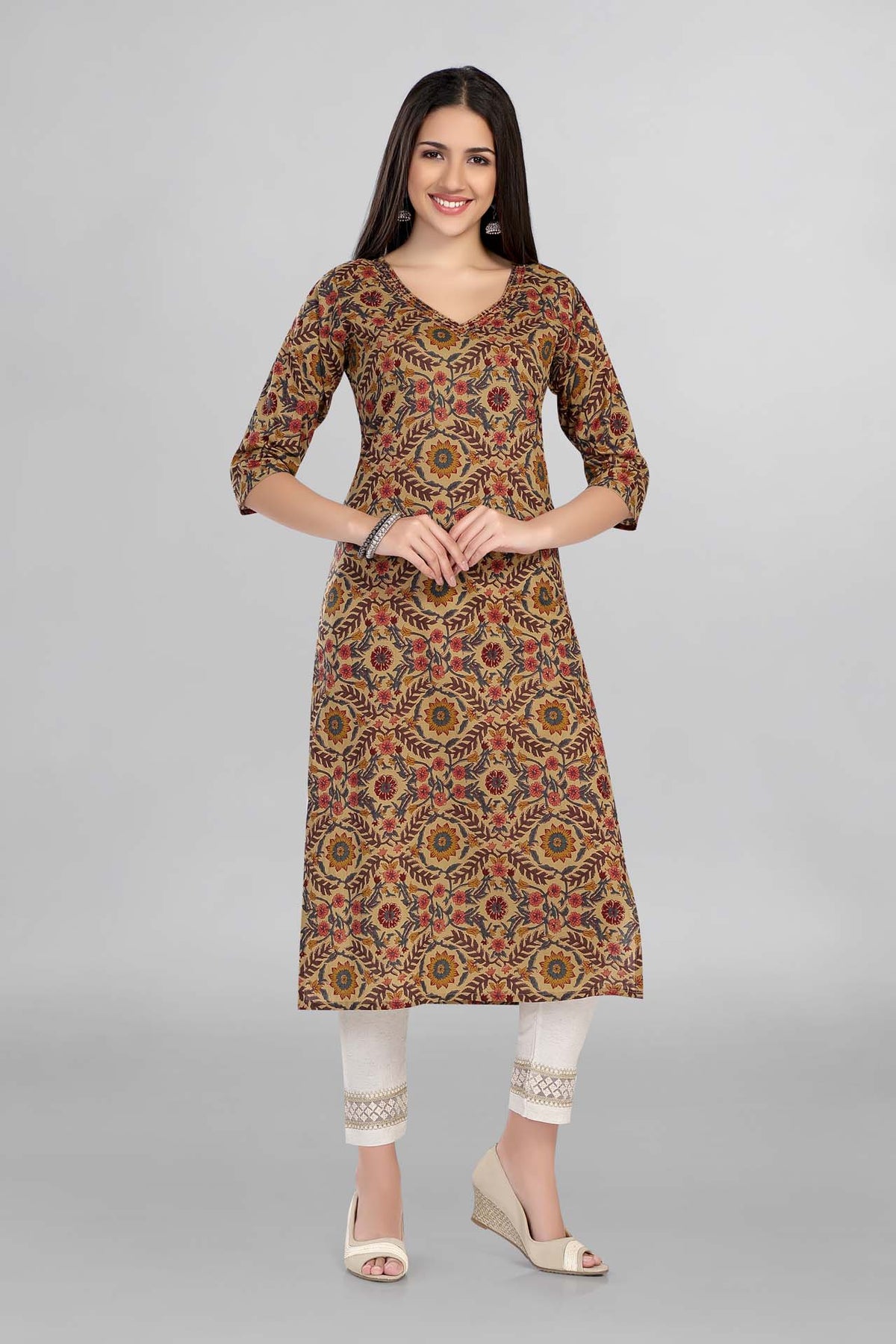 Mustard Colour Floral Printed Casual Wear Kurti With Beautiful V Neck Line