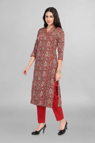 Red Colour Beautiful Angrakha Printed Kurti Paired With Pant