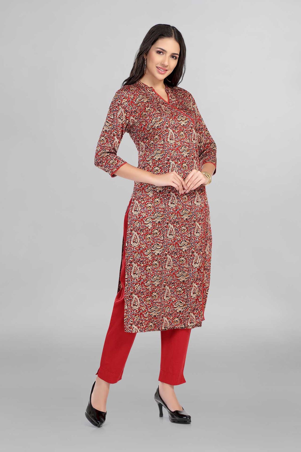 Red Colour Beautiful Angrakha Printed Kurti Paired With Pant