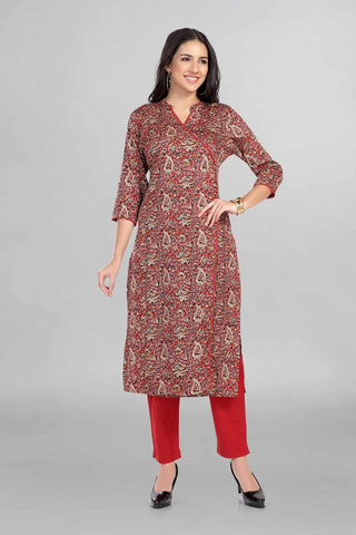 Red Colour Beautiful Angrakha Printed Kurti Paired With Pant