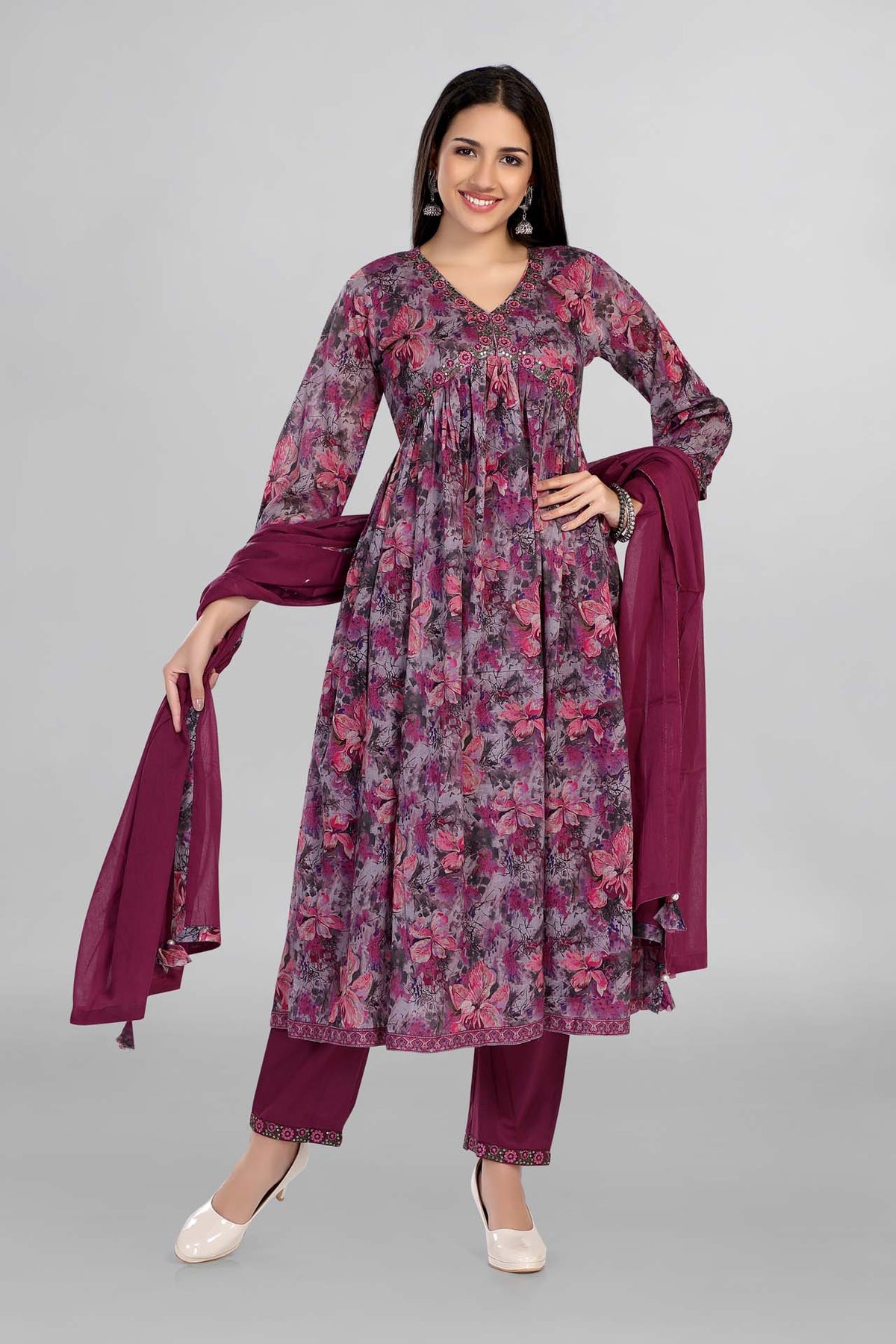 Lavender Colour Beautiful Alia Cut Kurti Paired With Pant And Dupatta